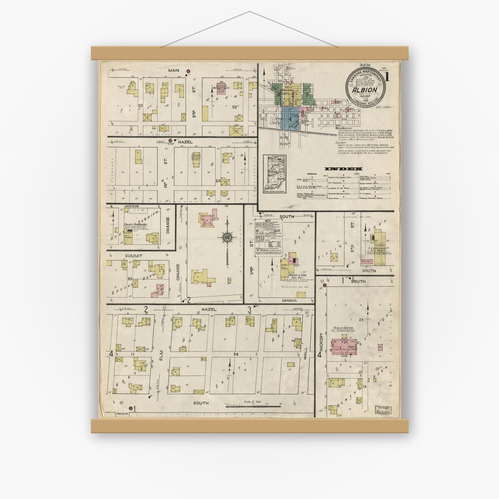 Old map wall art mockup — magnetic wood frame on white wall — Sanborn Fire Insurance Map from Albion, Noble County, Indiana (1914), Sheet #0001