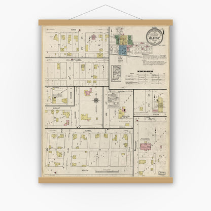 Old map wall art mockup — magnetic wood frame on white wall — Sanborn Fire Insurance Map from Albion, Noble County, Indiana (1914), Sheet #0001