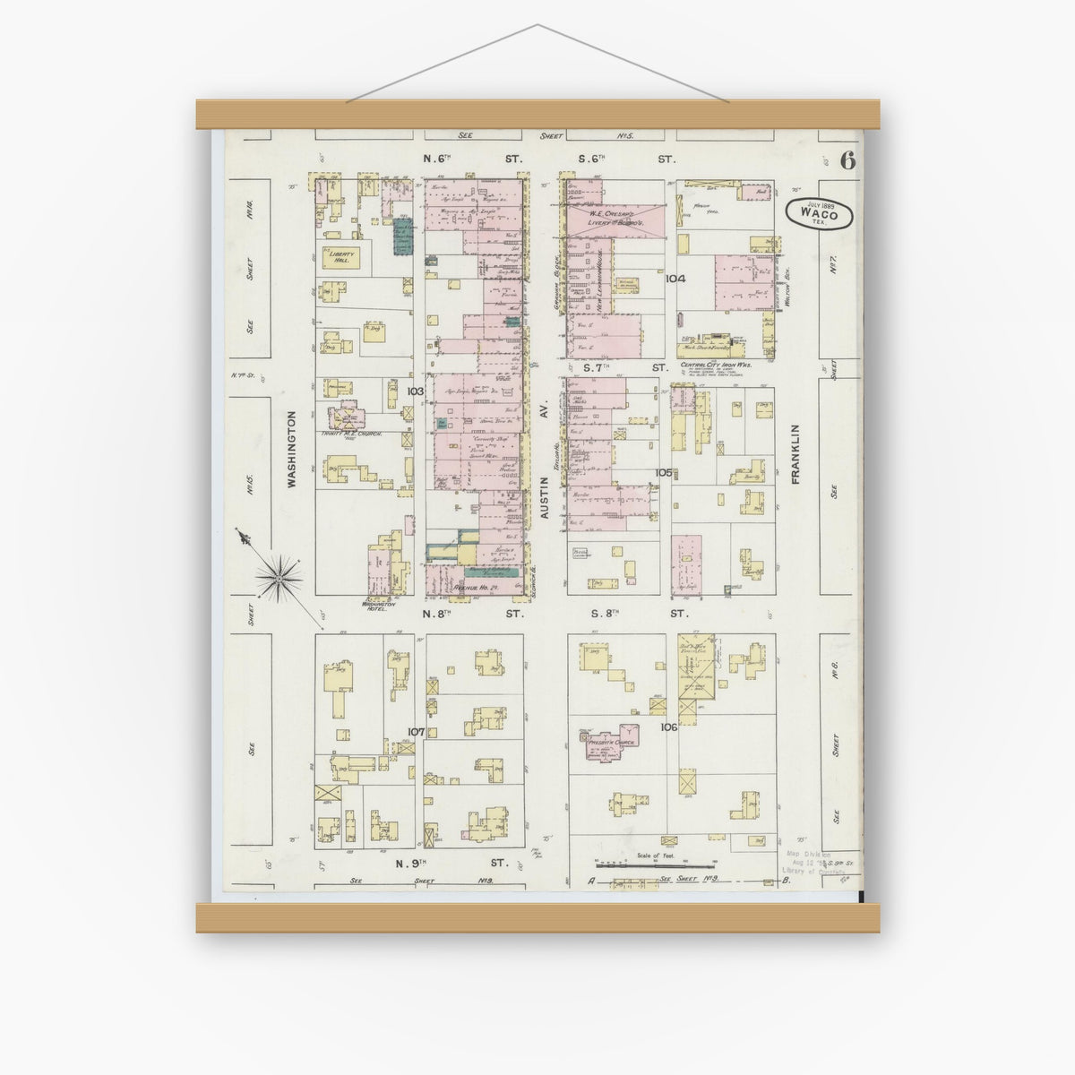 Old map wall art mockup — magnetic wood frame on white wall — Sanborn Fire Insurance Map from Waco, McLennan County, Texas (1889), Sheet #0006
