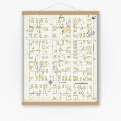 Old map wall art mockup — magnetic wood frame on white wall — Sanborn Fire Insurance Map from Frankfort, Clinton County, Indiana (1906), Sheet #0015