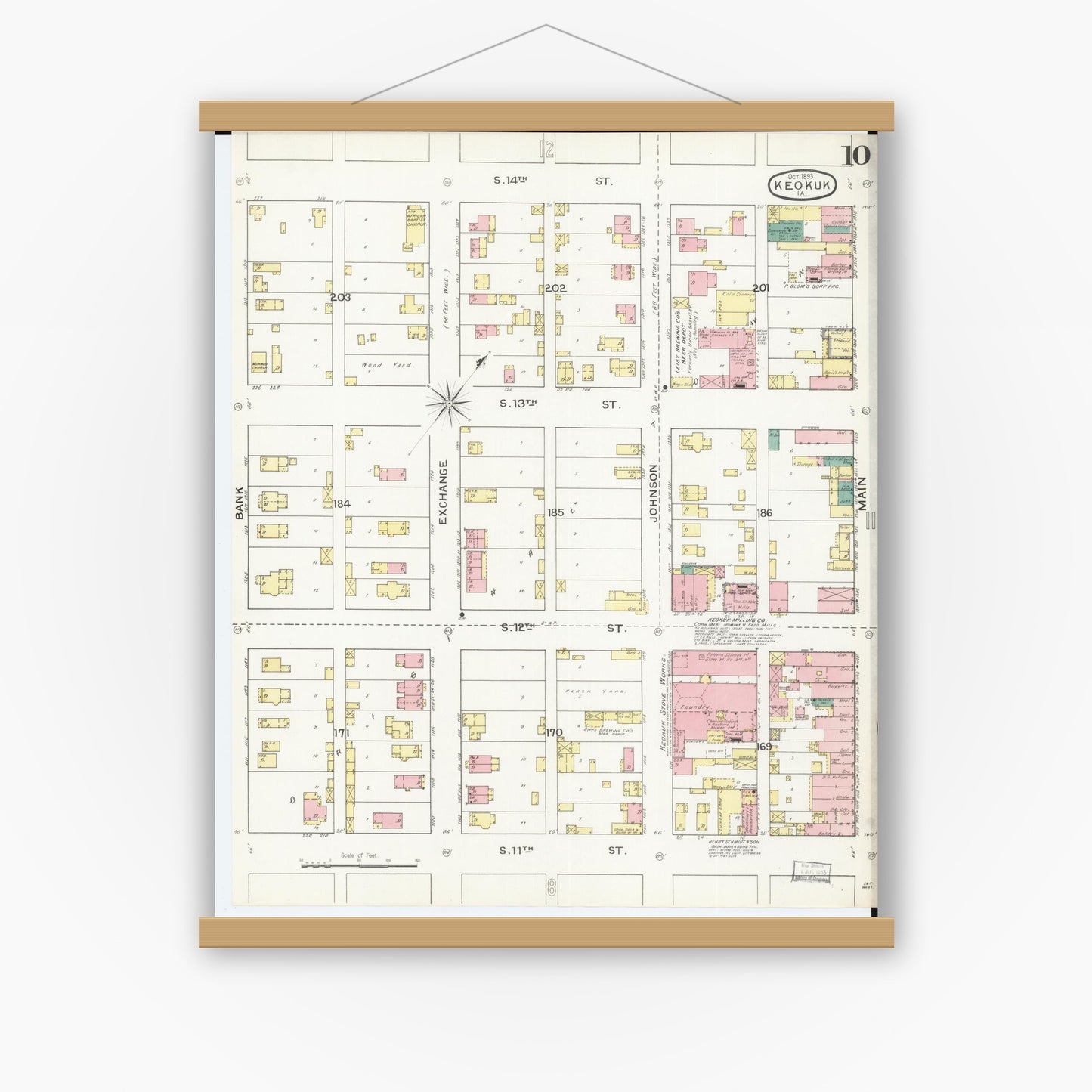 Old map wall art mockup — magnetic wood frame on white wall — Sanborn Fire Insurance Map from Keokuk, Lee County, Iowa (1893), Sheet #0010