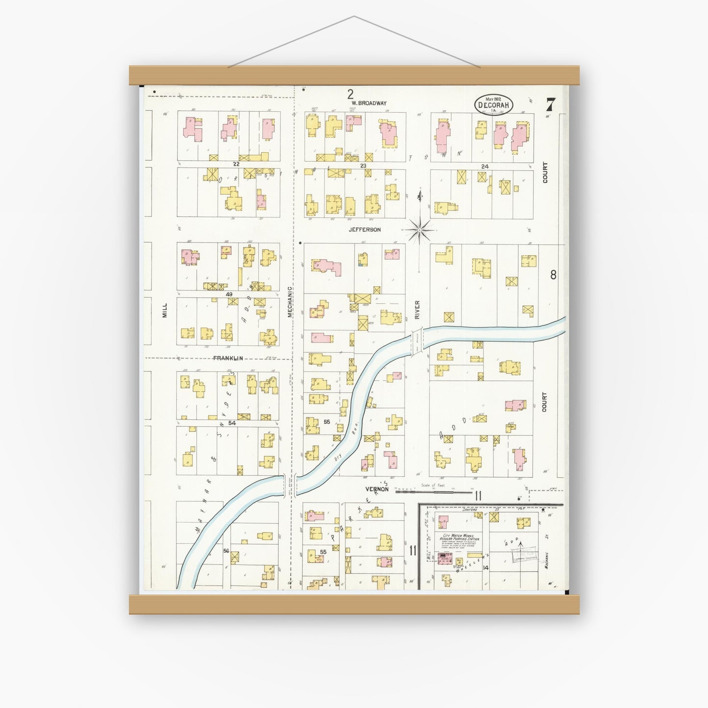 Old map wall art mockup — magnetic wood frame on white wall — Sanborn Fire Insurance Map from Decorah, Winneshiek County, Iowa (1902), Sheet #0007