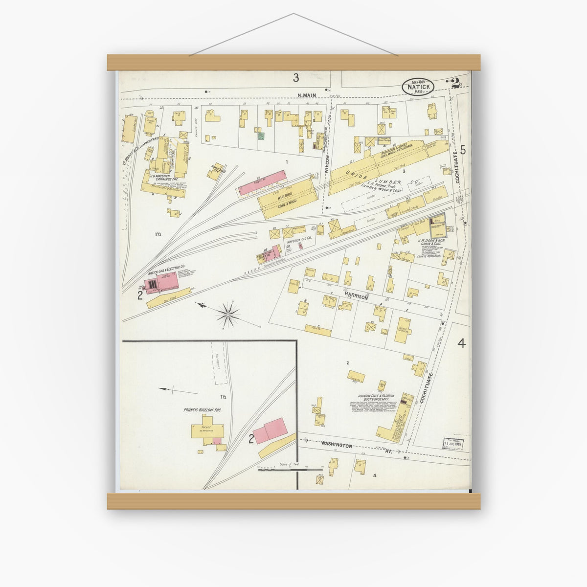 Old map wall art mockup — magnetic wood frame on white wall — Sanborn Fire Insurance Map from Natick, Middlesex County, Massachusetts (1899), Sheet #0002
