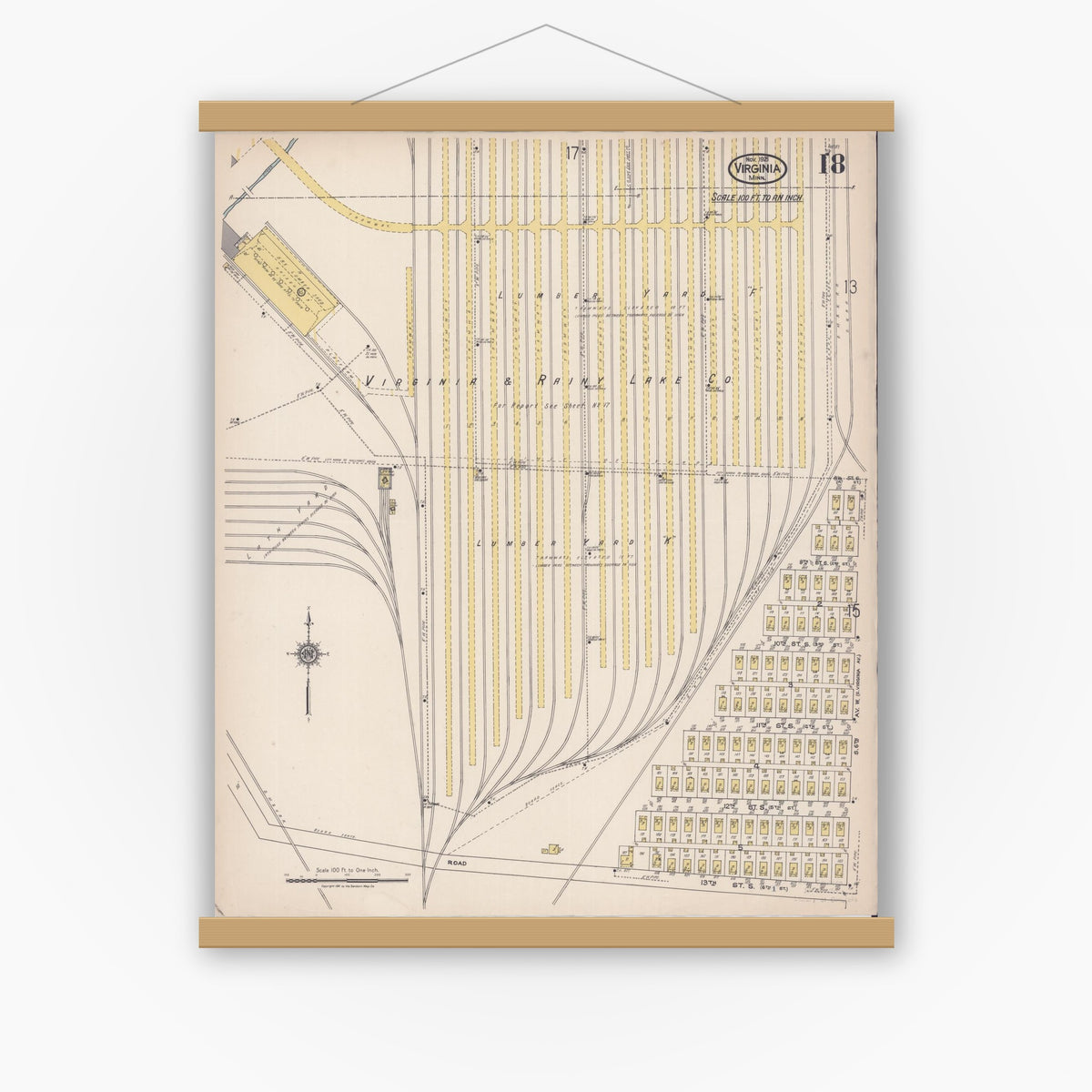 Old map wall art mockup — magnetic wood frame on white wall — Sanborn Fire Insurance Map from Virginia, Saint Louis County, Minnesota (1921), Sheet #0018