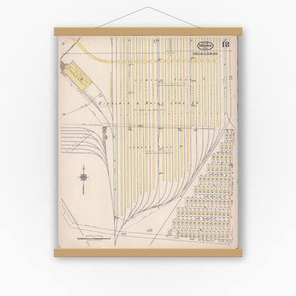 Old map wall art mockup — magnetic wood frame on white wall — Sanborn Fire Insurance Map from Virginia, Saint Louis County, Minnesota (1921), Sheet #0018