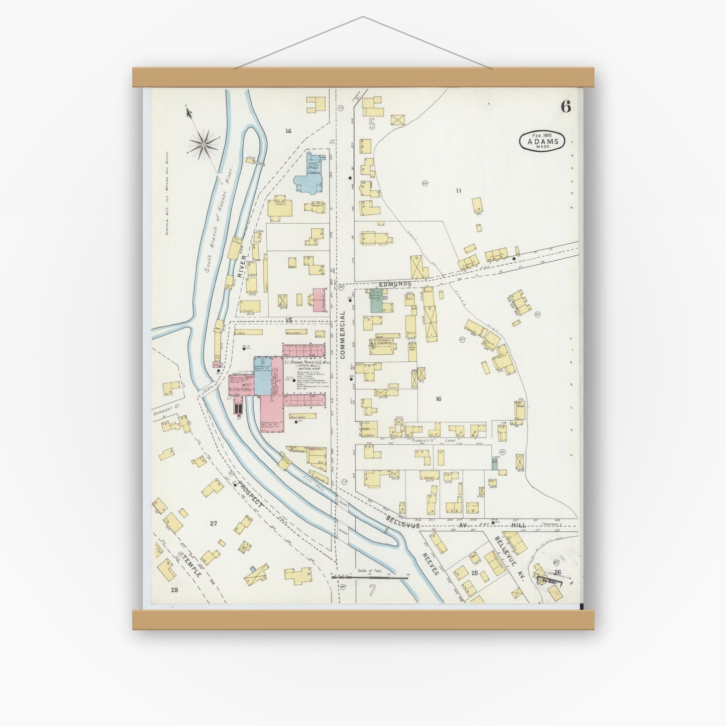 Old map wall art mockup — magnetic wood frame on white wall — Sanborn Fire Insurance Map from Adams, Berkshire County, Massachusetts (1895), Sheet #0006