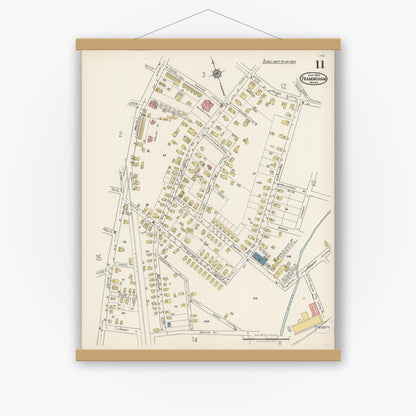 Old map wall art mockup — magnetic wood frame on white wall — Sanborn Fire Insurance Map from Framingham, Middlesex County, Massachusetts (1922), Sheet #0011