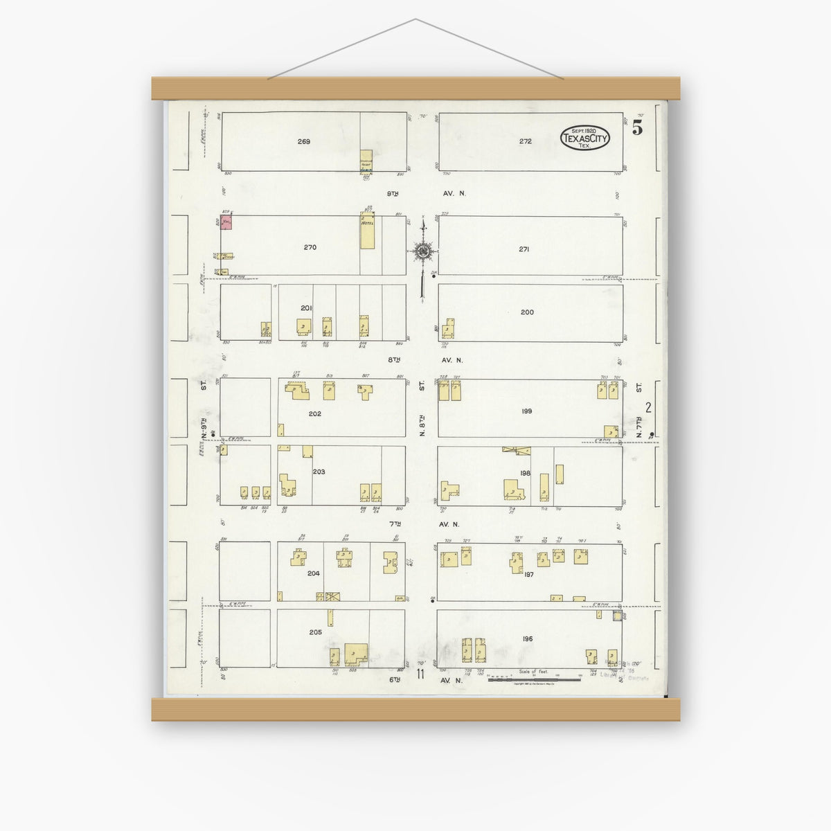 Old map wall art mockup — magnetic wood frame on white wall — Sanborn Fire Insurance Map from Texas City, Galveston County, Texas (1920), Sheet #0005