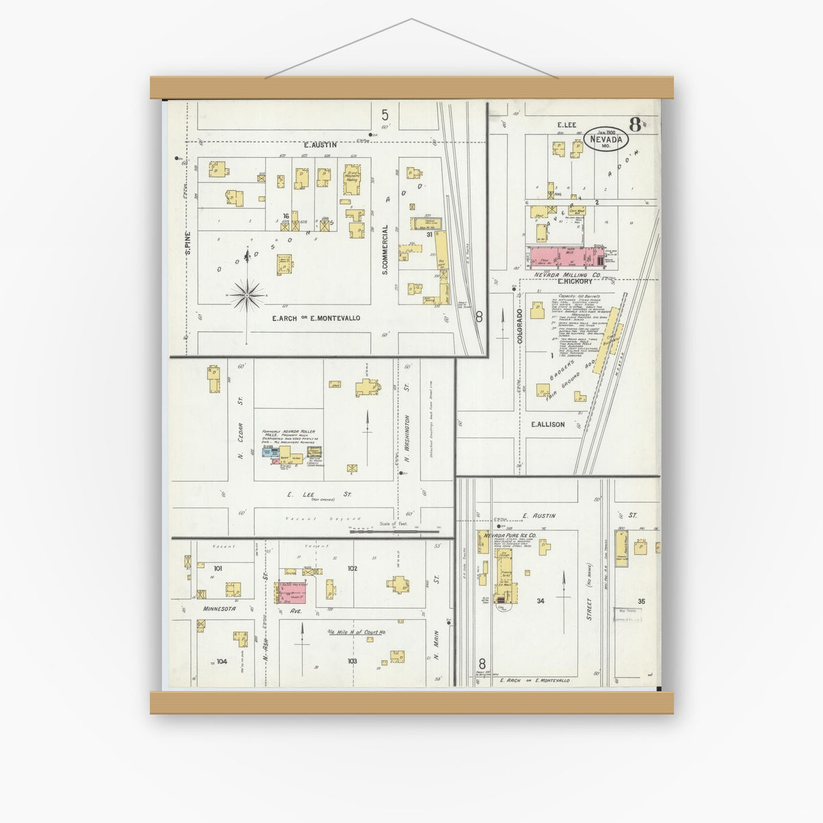 Old map wall art mockup — magnetic wood frame on white wall — Sanborn Fire Insurance Map from Nevada, Vernon County, Missouri (1900), Sheet #0008