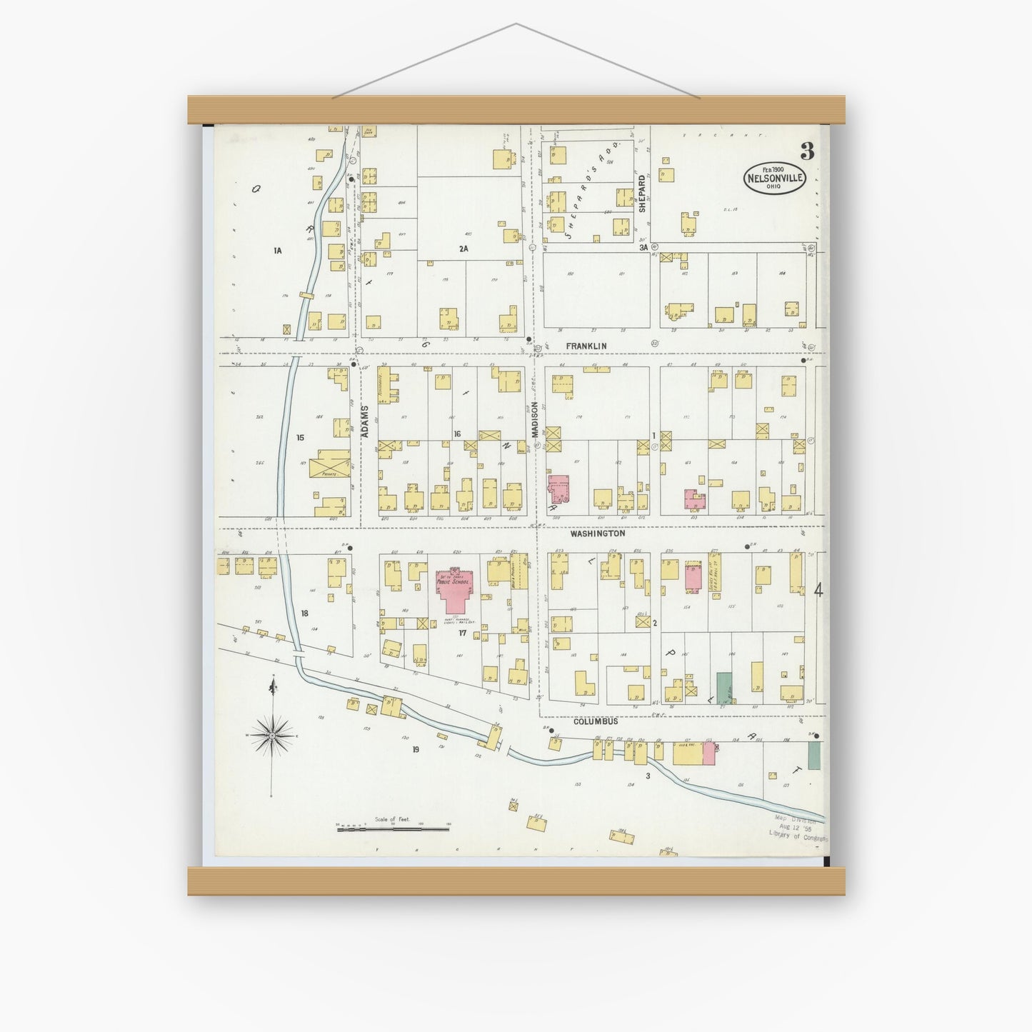 Old map wall art mockup — magnetic wood frame on white wall — Sanborn Fire Insurance Map from Nelsonville, Athens County, Ohio (1900), Sheet #0003
