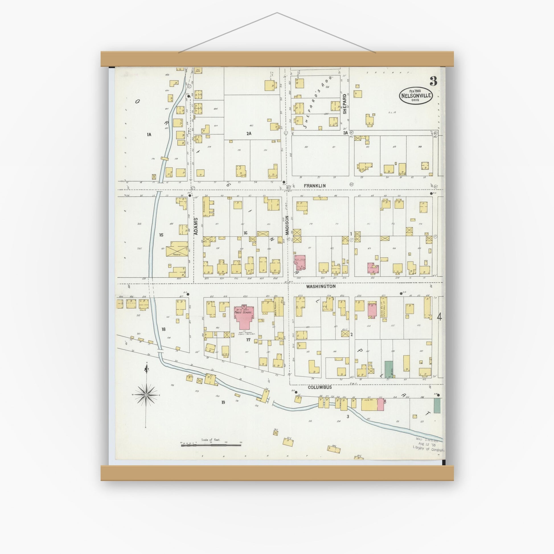 Old map wall art mockup — magnetic wood frame on white wall — Sanborn Fire Insurance Map from Nelsonville, Athens County, Ohio (1900), Sheet #0003