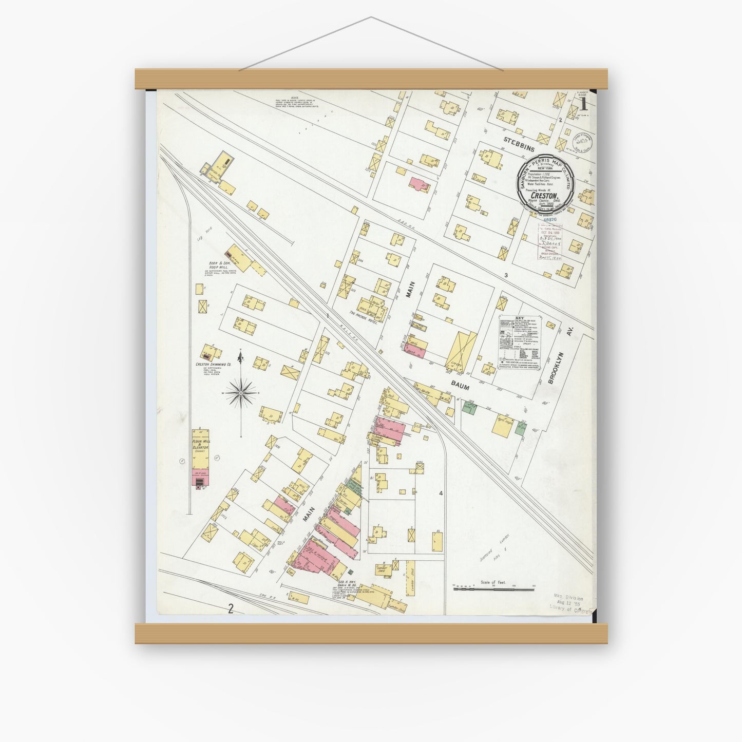 Old map wall art mockup — magnetic wood frame on white wall — Sanborn Fire Insurance Map from Creston, Wayne County, Ohio (1900), Sheet #0001