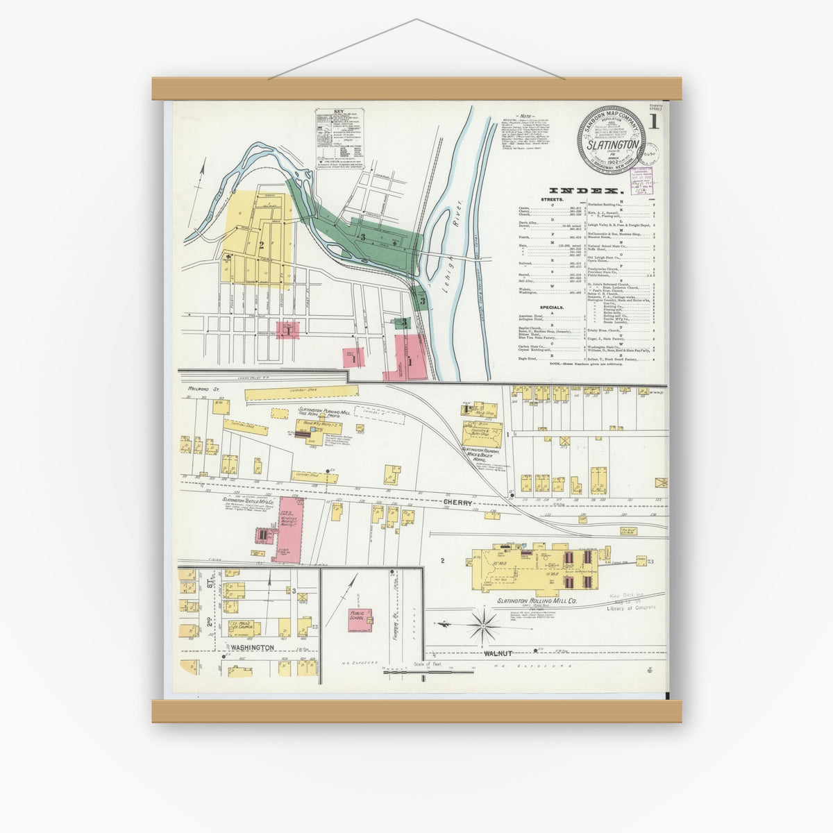 Old map wall art mockup — magnetic wood frame on white wall — Sanborn Fire Insurance Map from Slatington, Lehigh County, Pennsylvania (1902), Sheet #0001