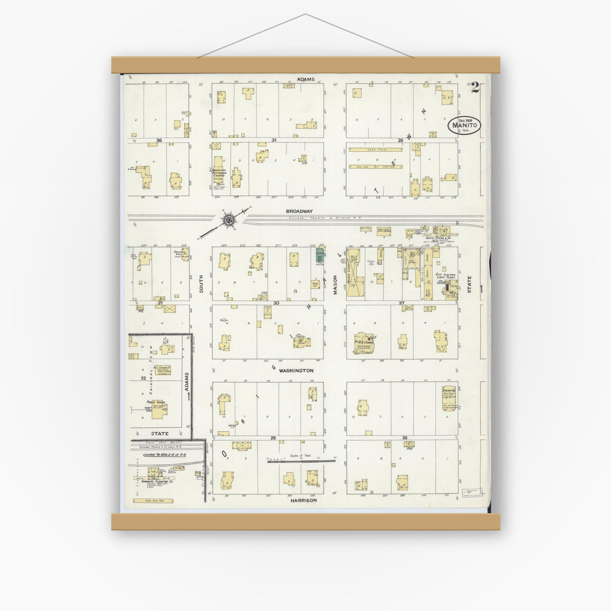 Old map wall art mockup — magnetic wood frame on white wall — Sanborn Fire Insurance Map from Manito, Mason County, Illinois (1909), Sheet #0002
