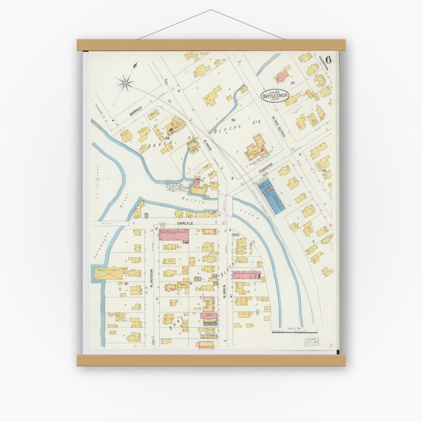 Old map wall art mockup — magnetic wood frame on white wall — Sanborn Fire Insurance Map from Battle Creek, Calhoun County, Michigan (1902), Sheet #0006