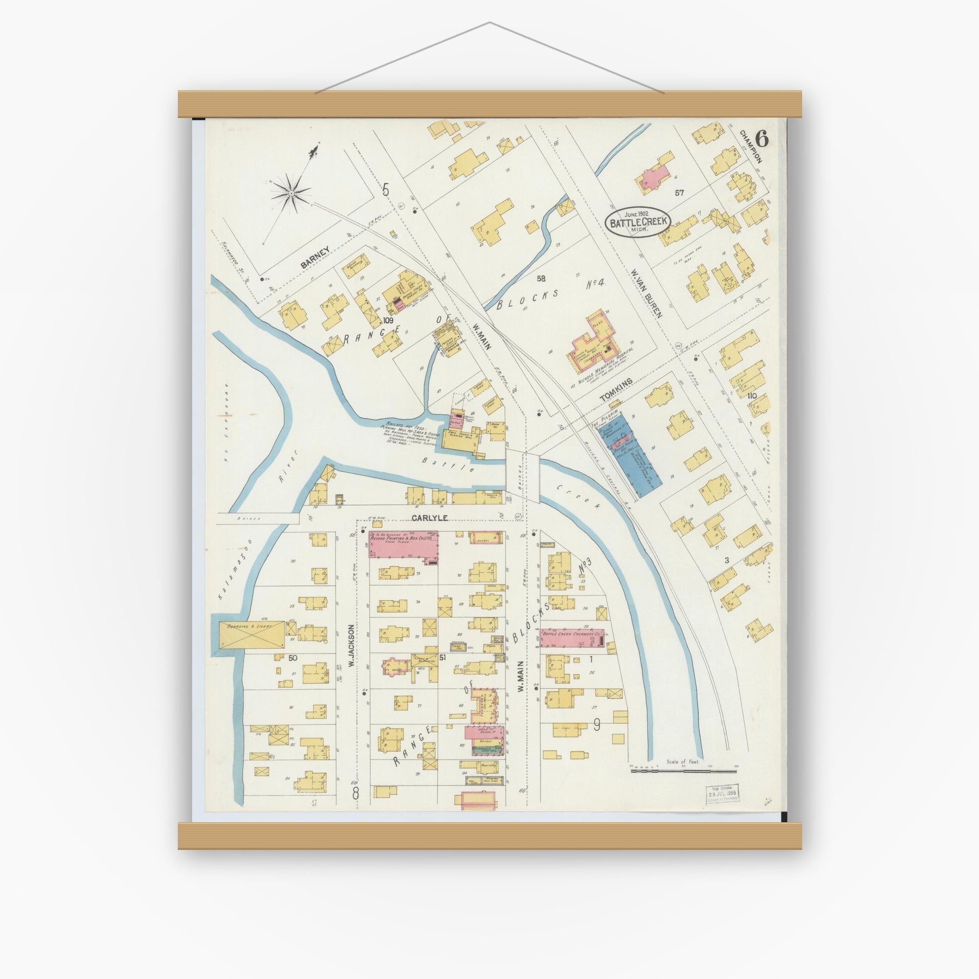Old map wall art mockup — magnetic wood frame on white wall — Sanborn Fire Insurance Map from Battle Creek, Calhoun County, Michigan (1902), Sheet #0006