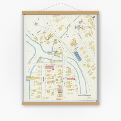 Old map wall art mockup — magnetic wood frame on white wall — Sanborn Fire Insurance Map from Battle Creek, Calhoun County, Michigan (1902), Sheet #0006