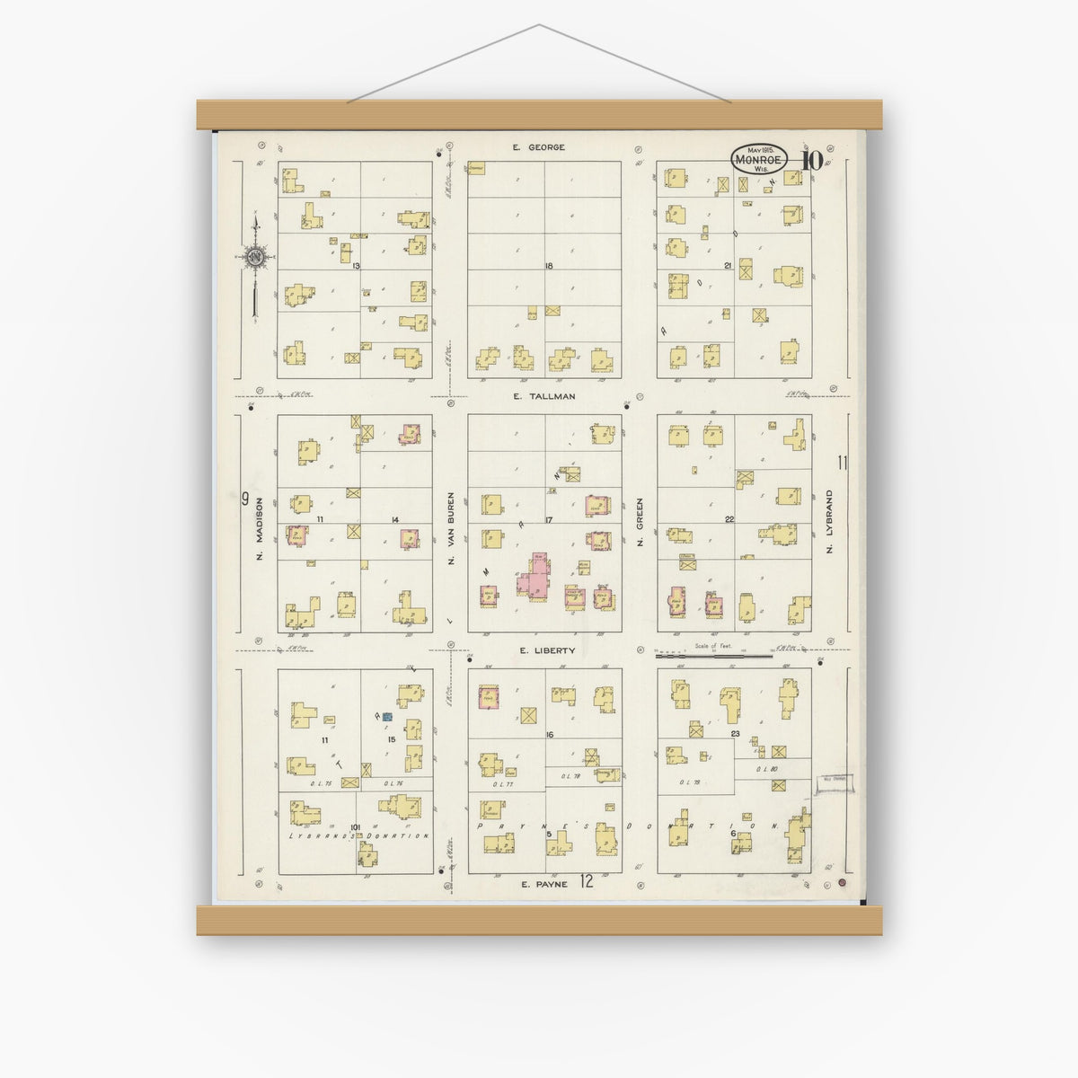Old map wall art mockup — magnetic wood frame on white wall — Sanborn Fire Insurance Map from Monroe, Green County, Wisconsin (1915), Sheet #0010