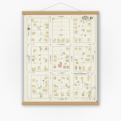 Old map wall art mockup — magnetic wood frame on white wall — Sanborn Fire Insurance Map from Monroe, Green County, Wisconsin (1915), Sheet #0010