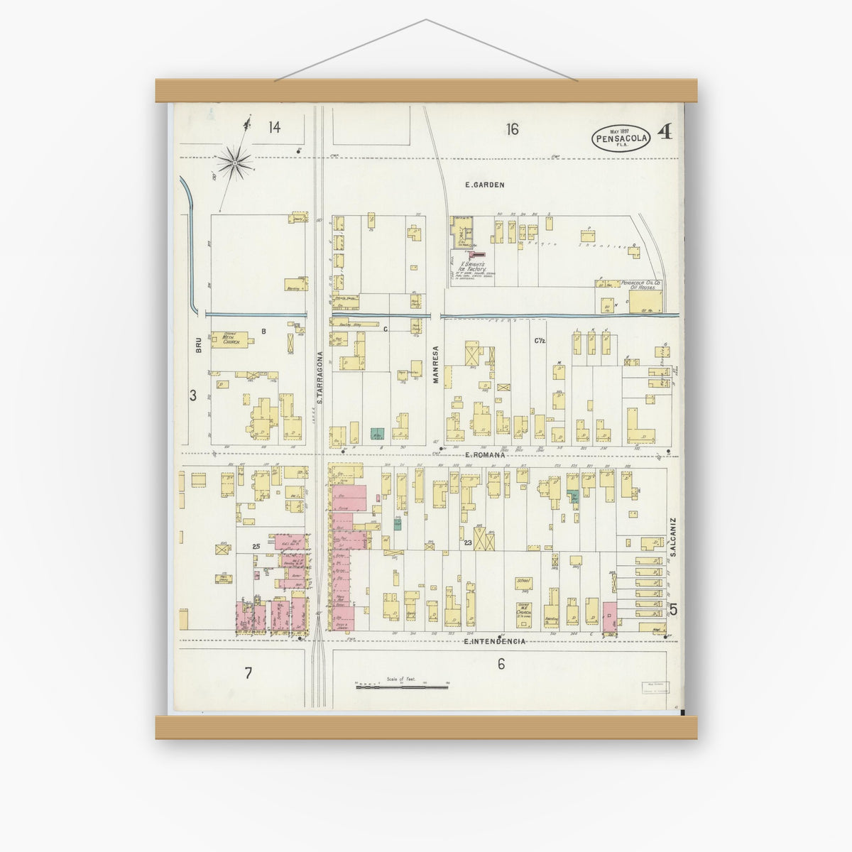 Old map wall art mockup — magnetic wood frame on white wall — Sanborn Fire Insurance Map from Pensacola, Escambia County, Florida (1897), Sheet #0004