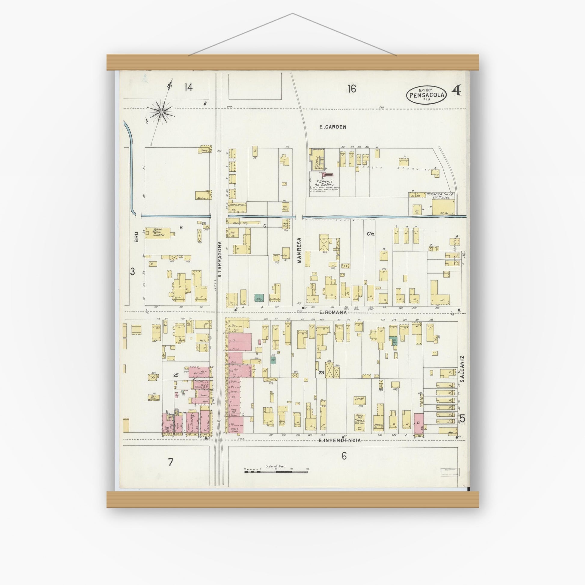 Old map wall art mockup — magnetic wood frame on white wall — Sanborn Fire Insurance Map from Pensacola, Escambia County, Florida (1897), Sheet #0004