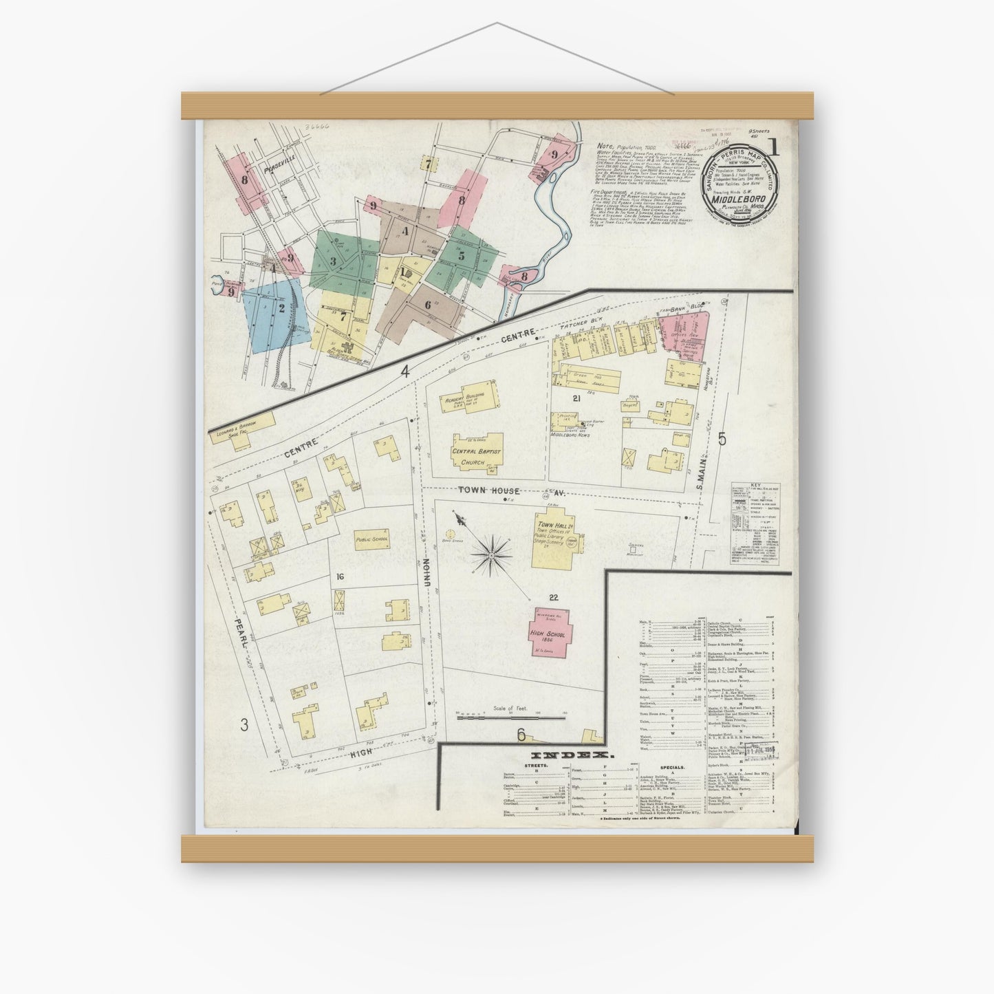 Old map wall art mockup — magnetic wood frame on white wall — Sanborn Fire Insurance Map from Middleboro, Plymouth County, Massachusetts (1896) - Complete Map Set
