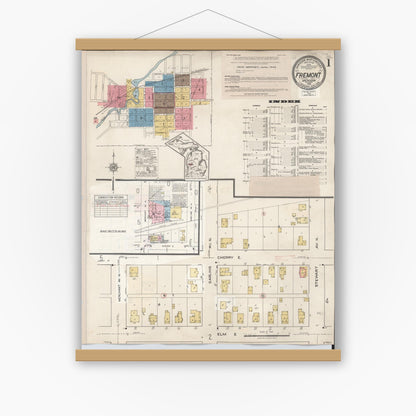 Old map wall art mockup — magnetic wood frame on white wall — Sanborn Fire Insurance Map from Fremont, Newaygo County, Michigan (1949), Sheet #0001