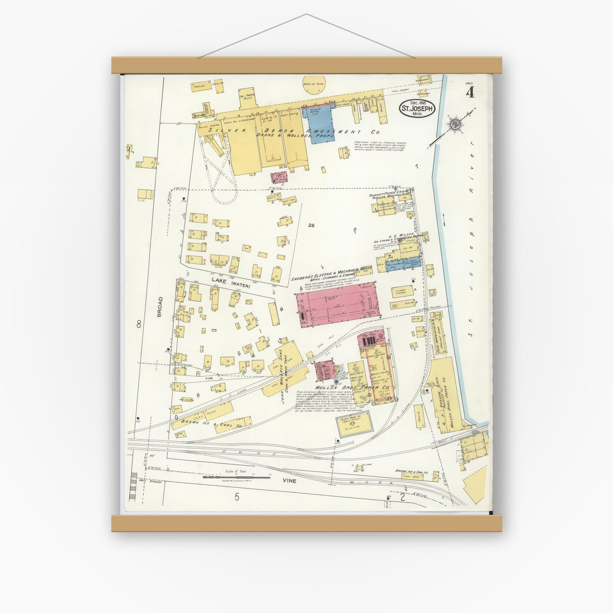 Old map wall art mockup — magnetic wood frame on white wall — Sanborn Fire Insurance Map from Saint Joseph, Berrien County, Michigan (1921), Sheet #0004