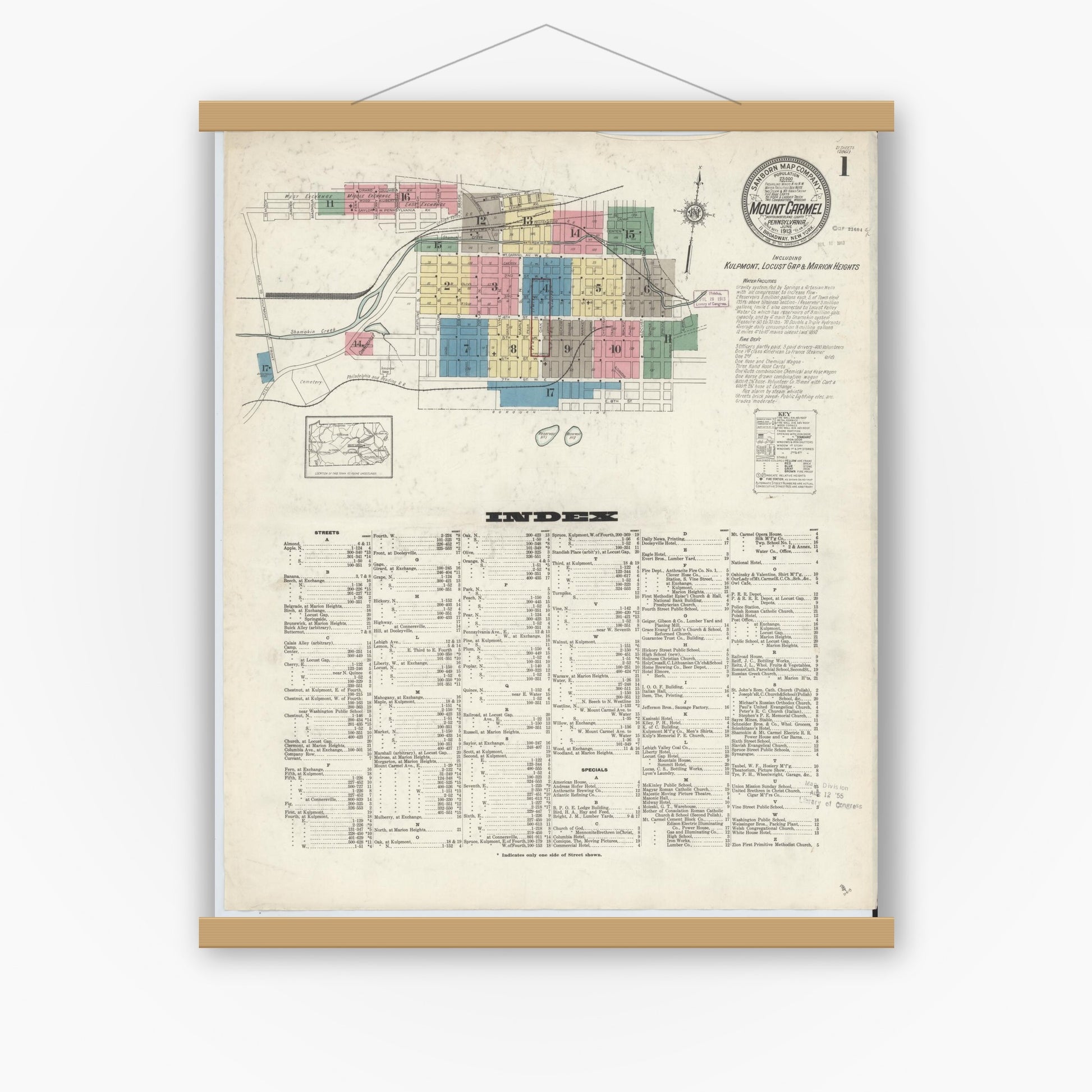 Old map wall art mockup — magnetic wood frame on white wall — Sanborn Fire Insurance Map from Mount Carmel, Northumberland County, Pennsylvania (1913) - Complete Map Set