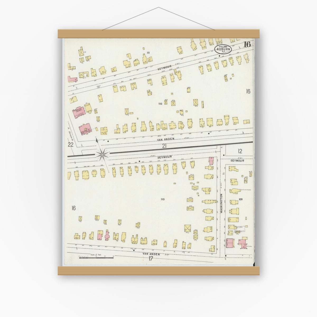 Old map wall art mockup — magnetic wood frame on white wall — Sanborn Fire Insurance Map from Auburn, Cayuga County, New York (1898), Sheet #0016