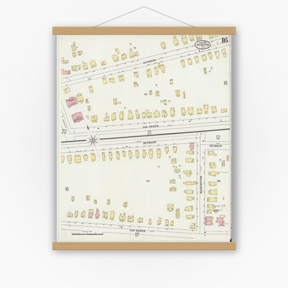 Old map wall art mockup — magnetic wood frame on white wall — Sanborn Fire Insurance Map from Auburn, Cayuga County, New York (1898), Sheet #0016