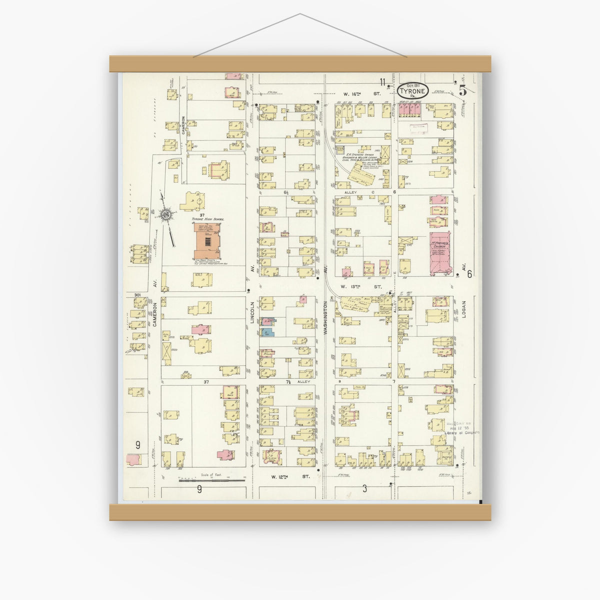 Old map wall art mockup — magnetic wood frame on white wall — Sanborn Fire Insurance Map from Tyrone, Blair County, Pennsylvania (1911), Sheet #0005