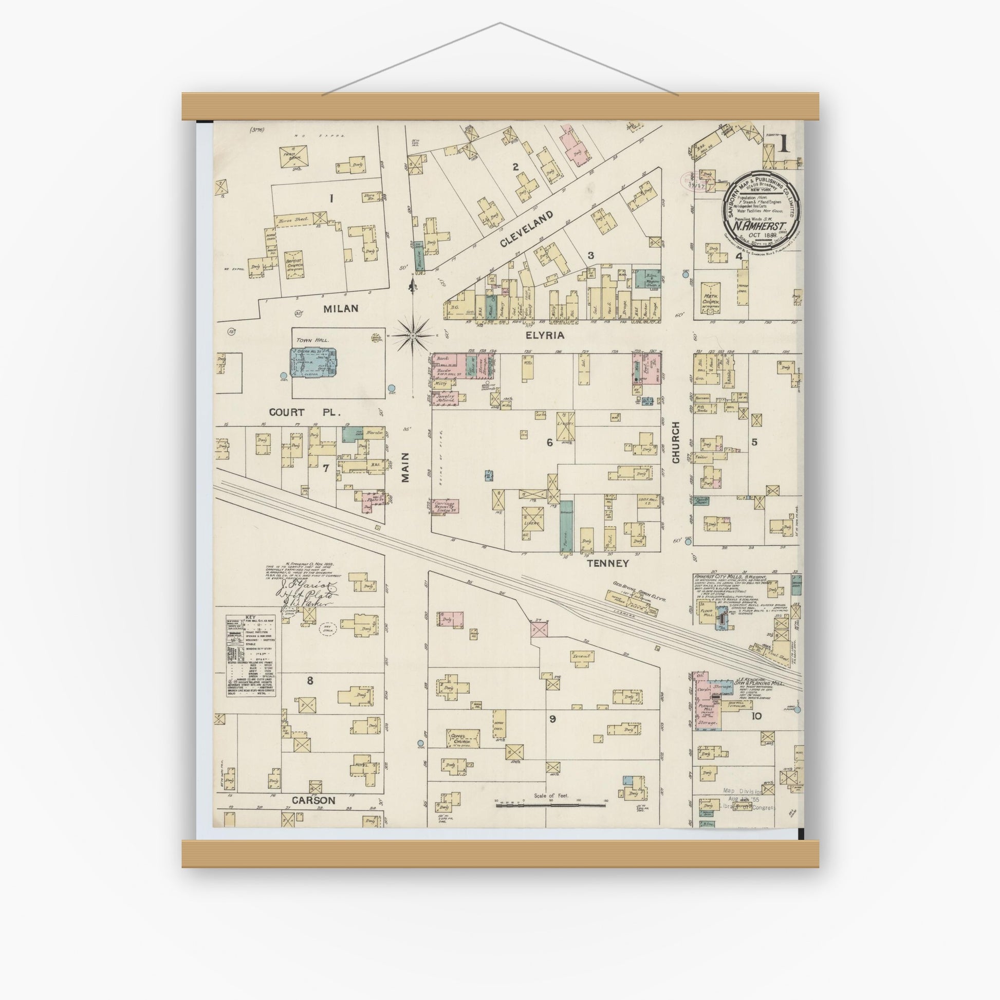 Old map wall art mockup — magnetic wood frame on white wall — Sanborn Fire Insurance Map from North Amherst, Lorain County, Ohio (1888) - Complete Map Set