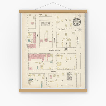 Old map wall art mockup — magnetic wood frame on white wall — Sanborn Fire Insurance Map from Howell, Livingston County, Michigan (1883) - Complete Map Set