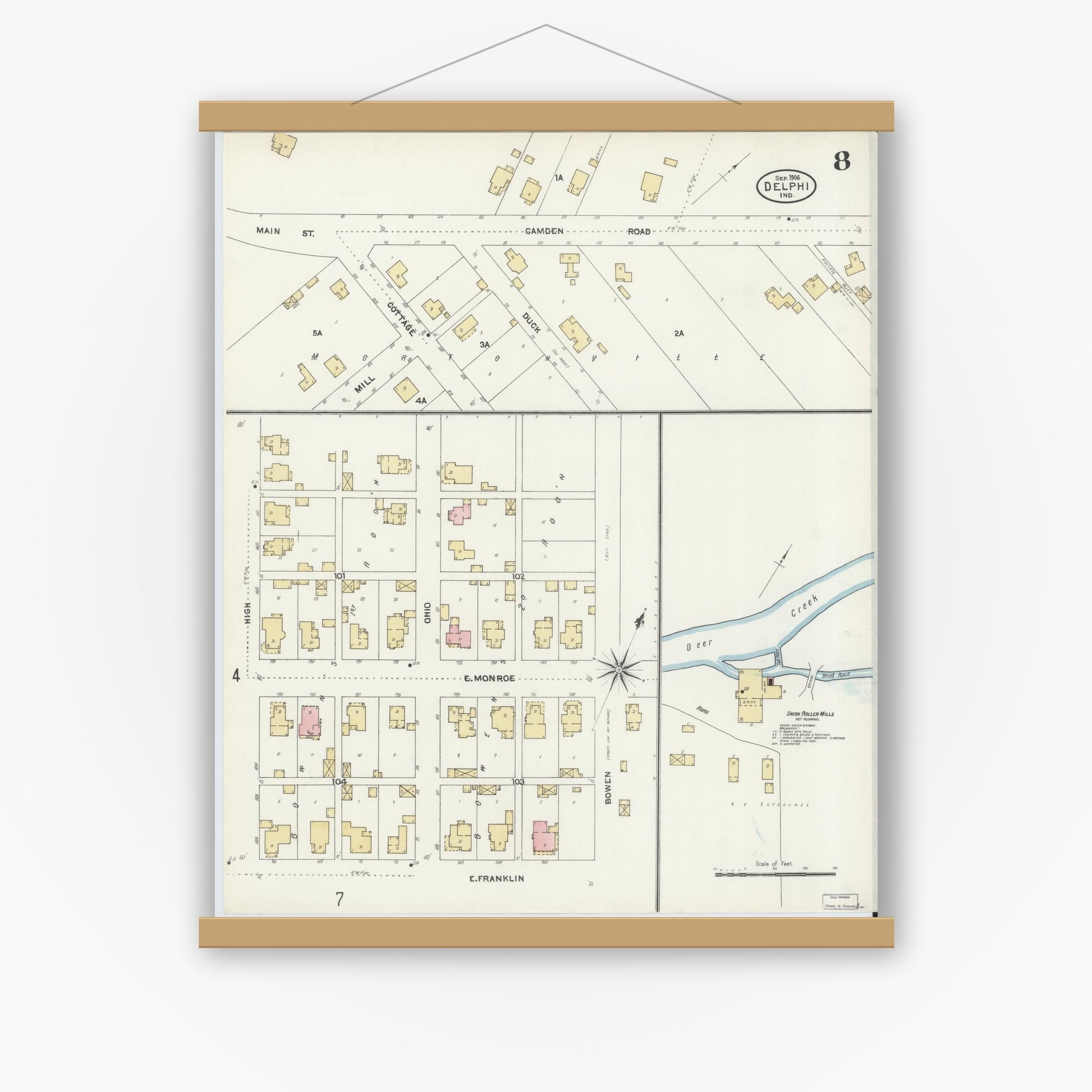 Old map wall art mockup — magnetic wood frame on white wall — Sanborn Fire Insurance Map from Delphi, Carroll County, Indiana (1906), Sheet #0008