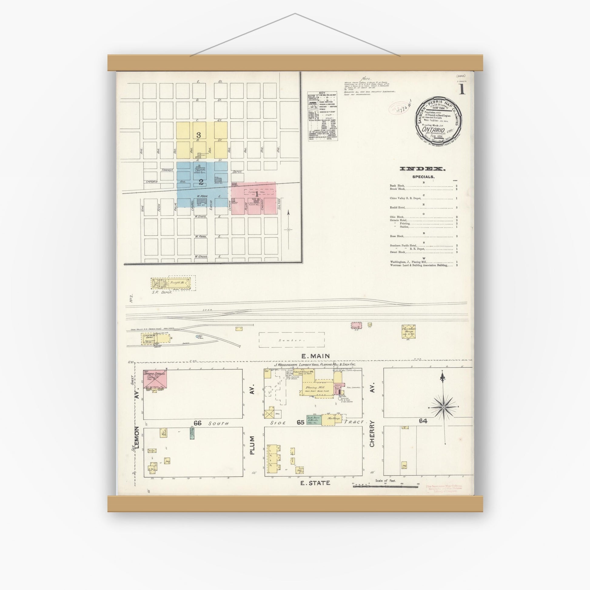 Old map wall art mockup — magnetic wood frame on white wall — Sanborn Fire Insurance Map from Ontario, San Bernardino County, California (1891) - Complete Map Set