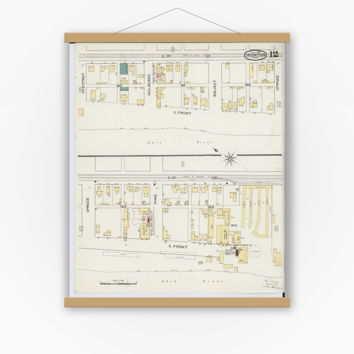 Old map wall art mockup — magnetic wood frame on white wall — Sanborn Fire Insurance Map from Ironton, Lawrence County, Ohio (1893), Sheet #0012