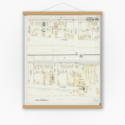 Old map wall art mockup — magnetic wood frame on white wall — Sanborn Fire Insurance Map from Ironton, Lawrence County, Ohio (1893), Sheet #0012