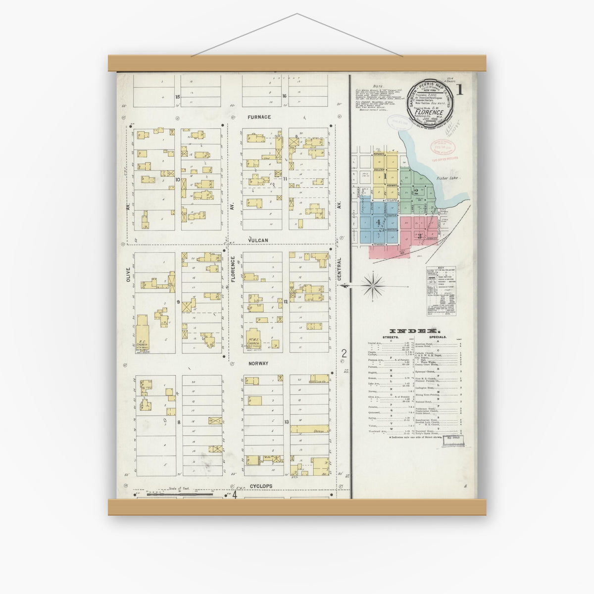 Old map wall art mockup — magnetic wood frame on white wall — Sanborn Fire Insurance Map from Florence, Florence County, Wisconsin (1898), Sheet #0001
