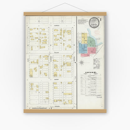 Old map wall art mockup — magnetic wood frame on white wall — Sanborn Fire Insurance Map from Florence, Florence County, Wisconsin (1898), Sheet #0001
