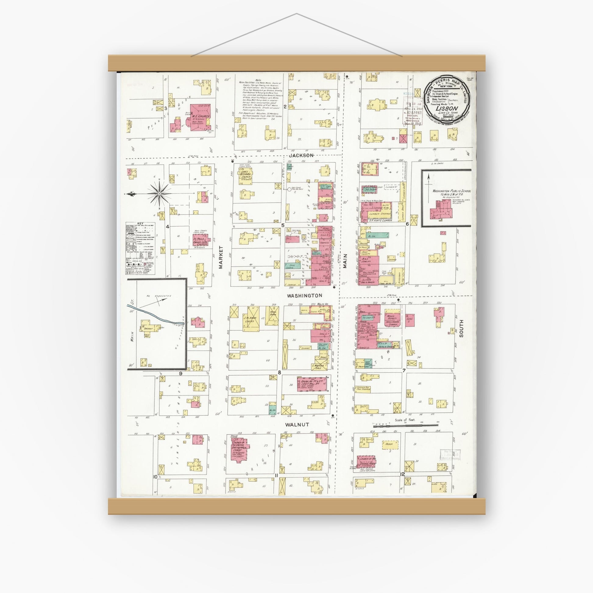 Old map wall art mockup — magnetic wood frame on white wall — Sanborn Fire Insurance Map from Lisbon, Linn County, Iowa (1900), Sheet #0001