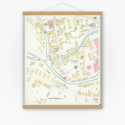 Old map wall art mockup — magnetic wood frame on white wall — Sanborn Fire Insurance Map from Adams, Berkshire County, Massachusetts (1908), Sheet #0011