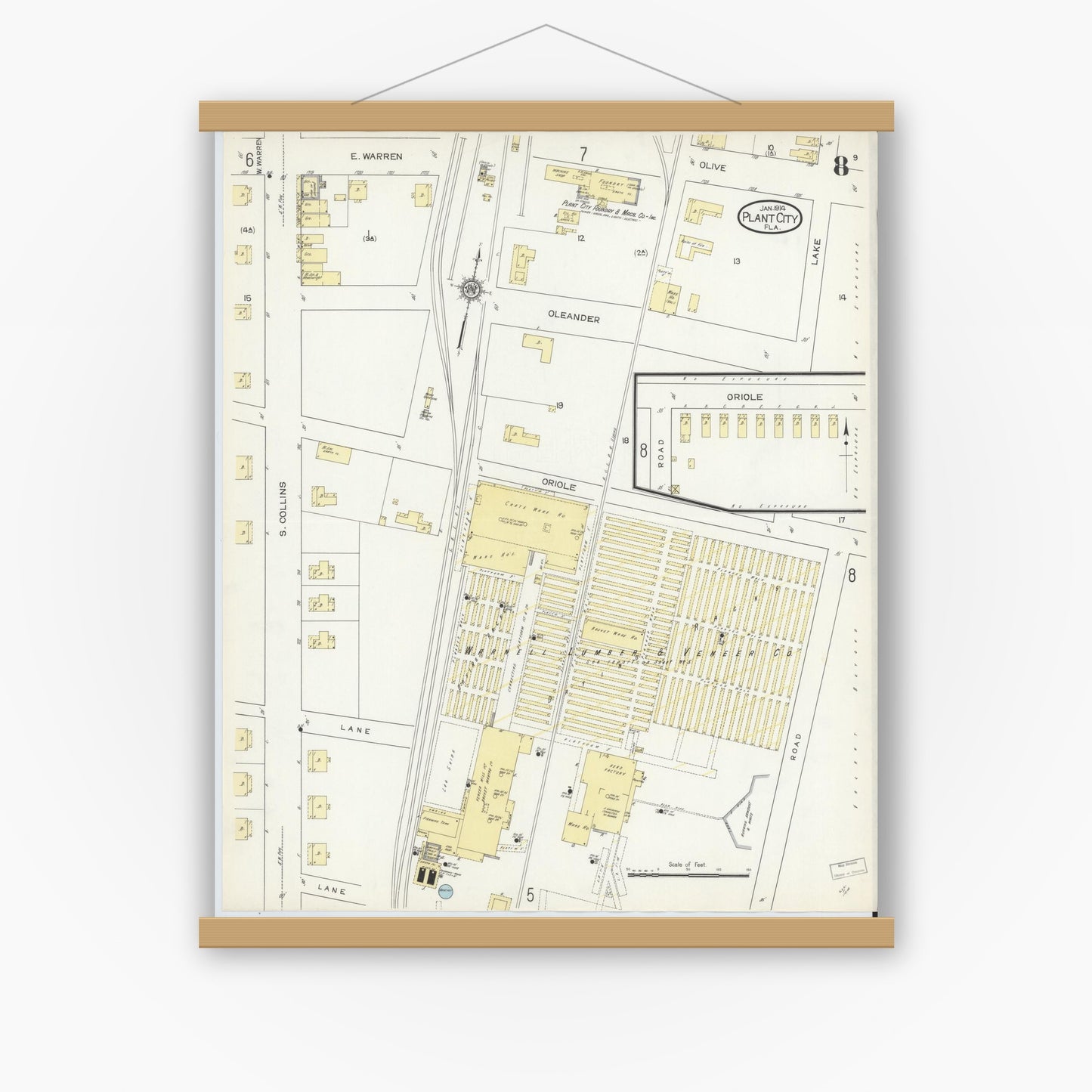 Old map wall art mockup — magnetic wood frame on white wall — Sanborn Fire Insurance Map from Plant City, Hillborough County, Florida (1914), Sheet #0008