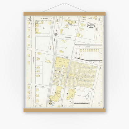 Old map wall art mockup — magnetic wood frame on white wall — Sanborn Fire Insurance Map from Plant City, Hillborough County, Florida (1914), Sheet #0008