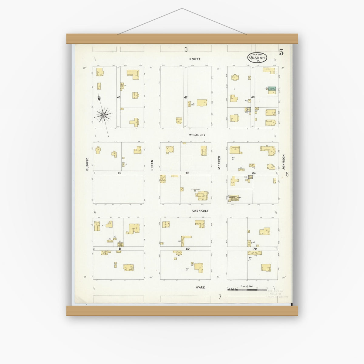 Old map wall art mockup — magnetic wood frame on white wall — Sanborn Fire Insurance Map from Quanah, Hardeman County, Texas (1908), Sheet #0005