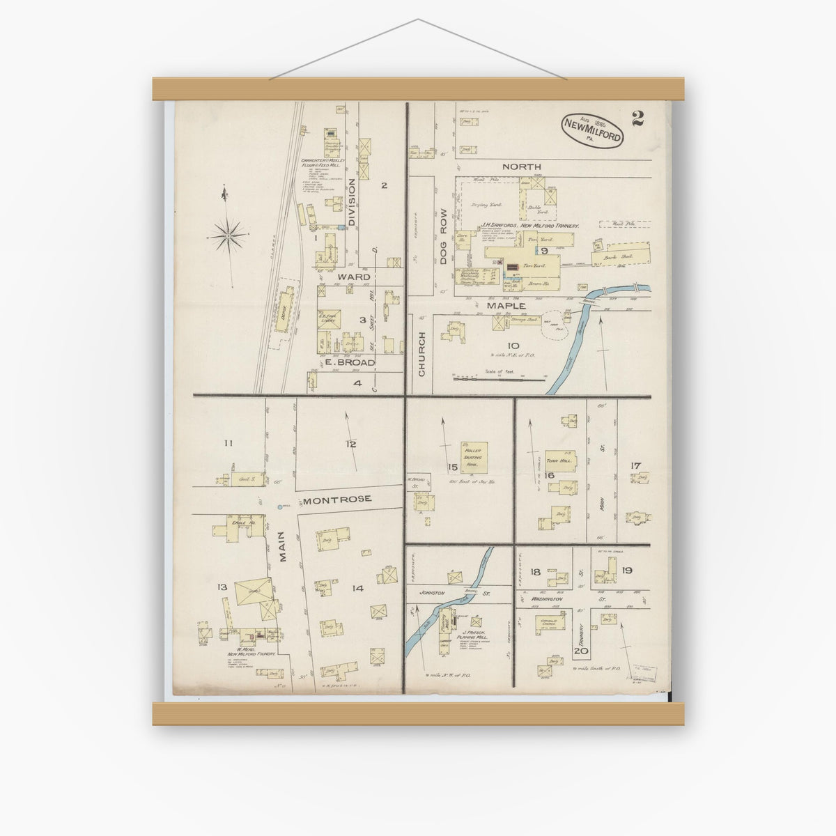 Old map wall art mockup — magnetic wood frame on white wall — Sanborn Fire Insurance Map from New Milford, Susquehanna County, Pennsylvania (1885), Sheet #0002
