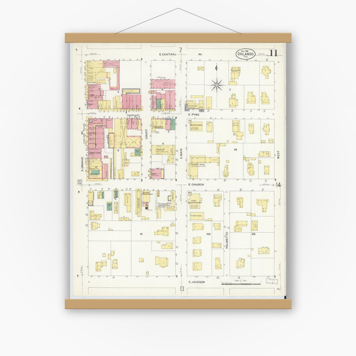Old map wall art mockup — magnetic wood frame on white wall — Sanborn Fire Insurance Map from Orlando, Orange County, Florida (1908), Sheet #0011
