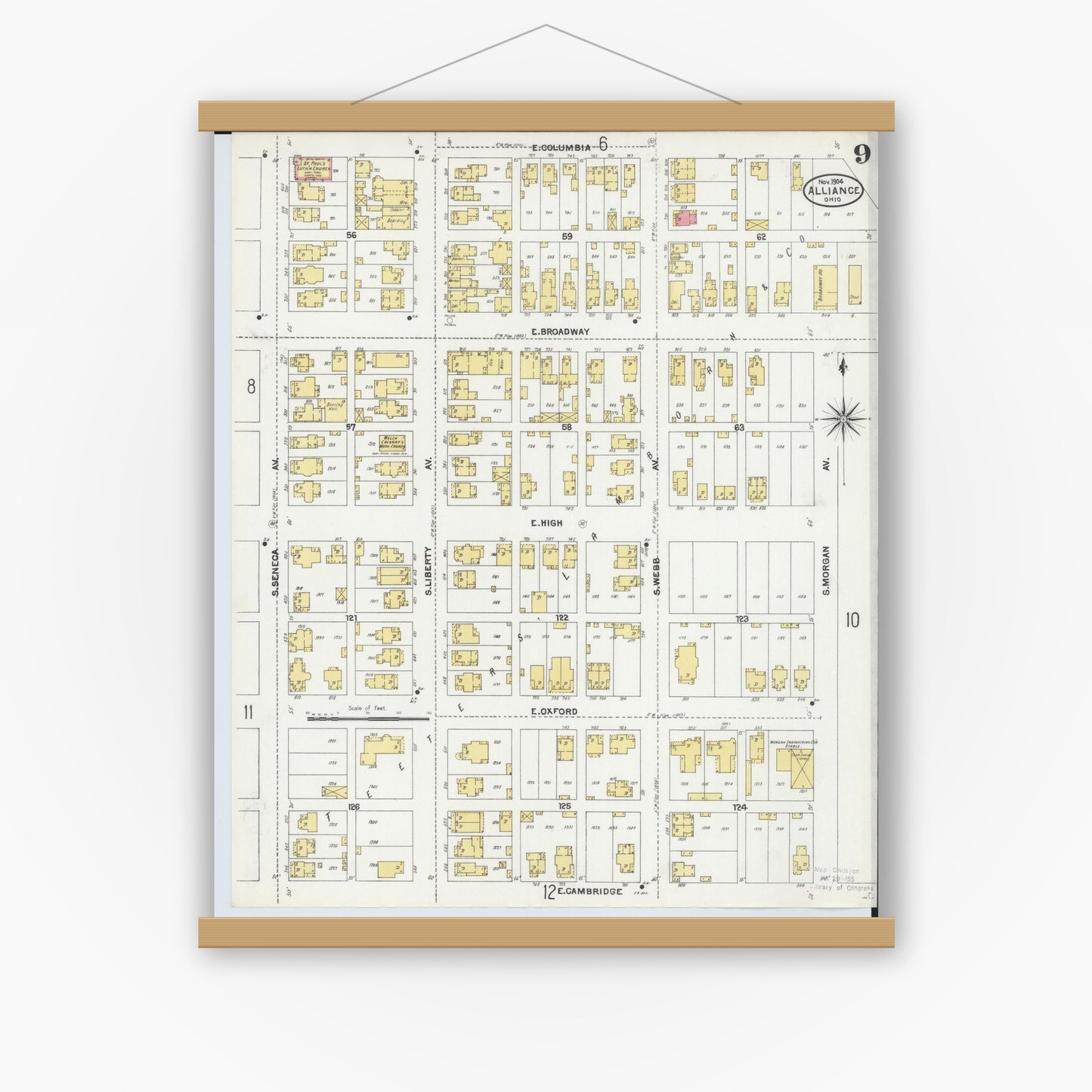 Old map wall art mockup — magnetic wood frame on white wall — Sanborn Fire Insurance Map from Alliance, Stark County, Ohio (1904), Sheet #0009