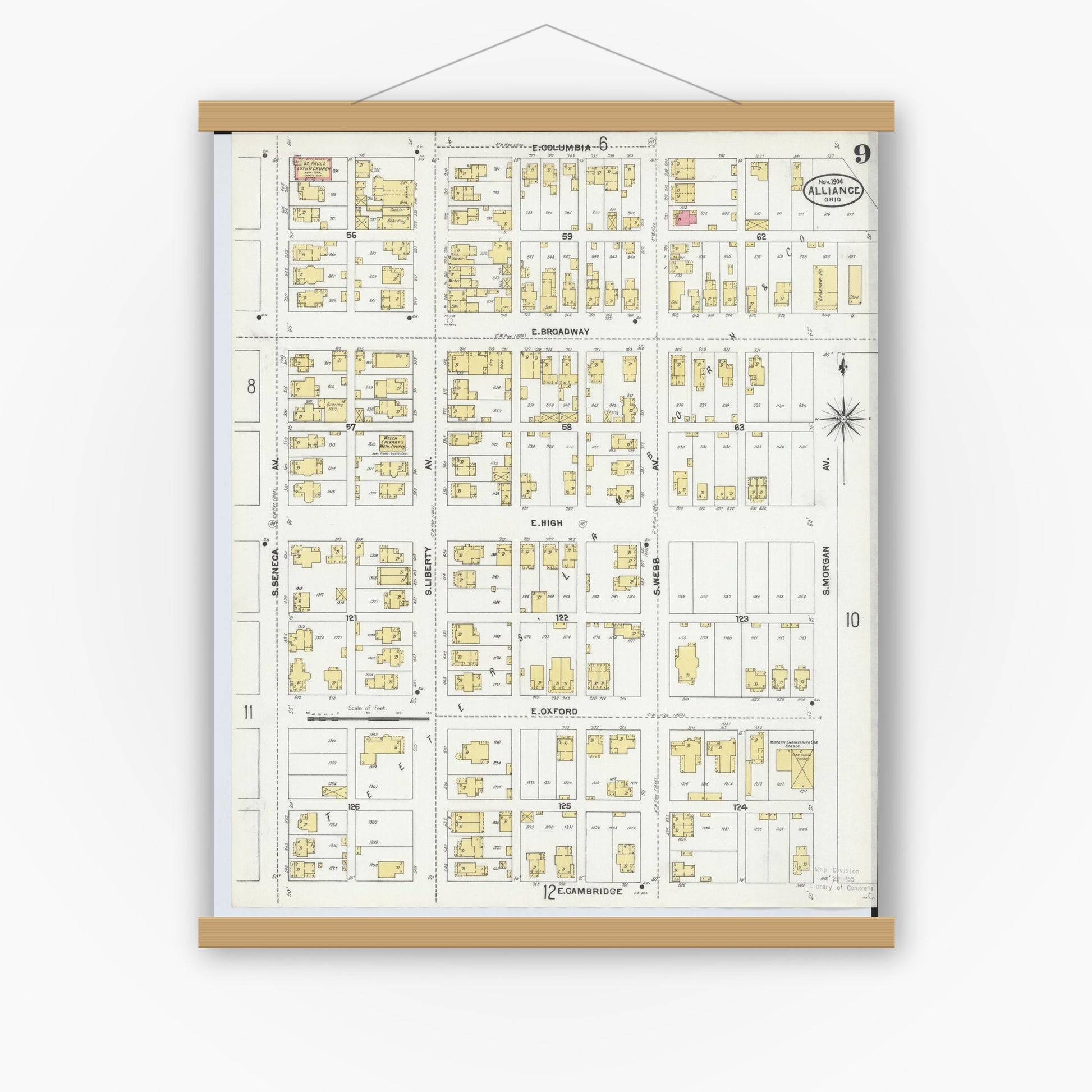 Old map wall art mockup — magnetic wood frame on white wall — Sanborn Fire Insurance Map from Alliance, Stark County, Ohio (1904), Sheet #0009