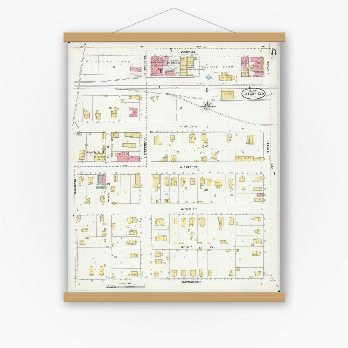 Old map wall art mockup — magnetic wood frame on white wall — Sanborn Fire Insurance Map from Litchfield, Montgomery County, Illinois (1905), Sheet #0008